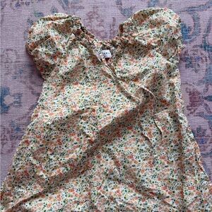 Girls Floral Ruffle Dress - Cream with Orange & Green Blossoms
